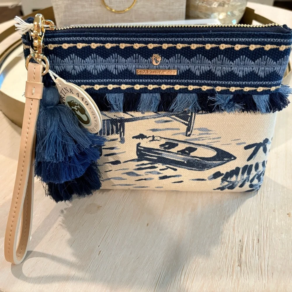 Spartina 449 Daise Seascape Wristlet Navy & Natural Canvas Tassel - Picture 1 of 6